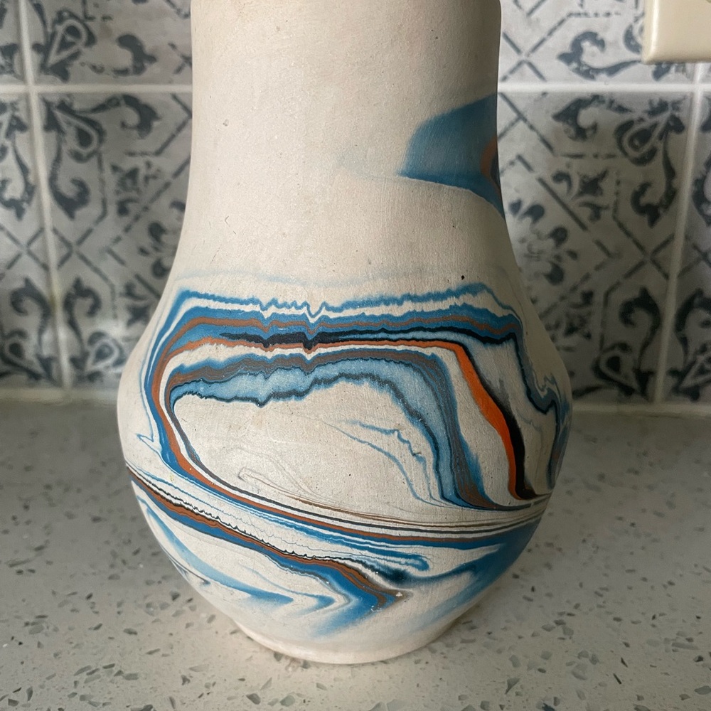 Nemadji Pottery Vase with Blue and Cream Swirls